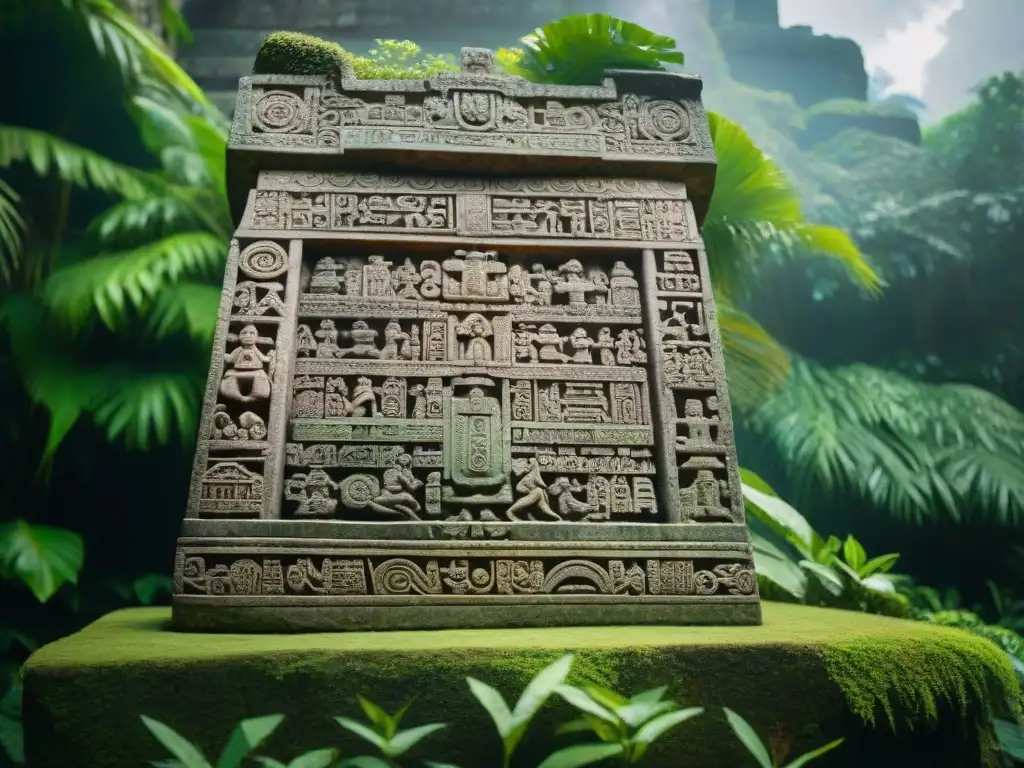 Detallada estela maya en la selva: jeroglíficos, arte colorido y significado cultural