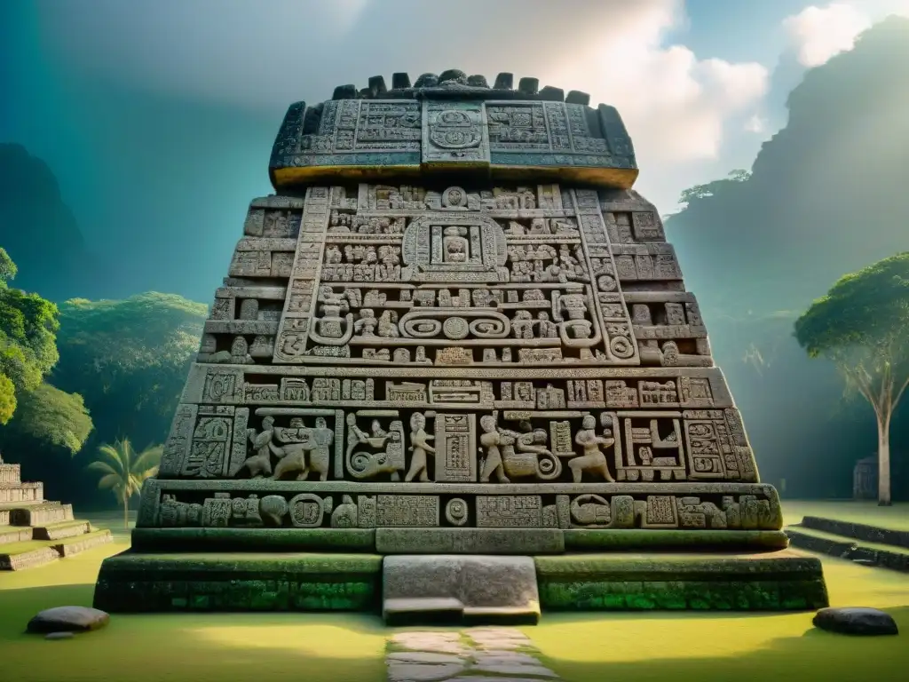 Misterioso Calendario Maya en Estela de Uaxactún Detallada estela de piedra tallada con el calendario maya en Uaxactún, capturando la rica herencia cultural