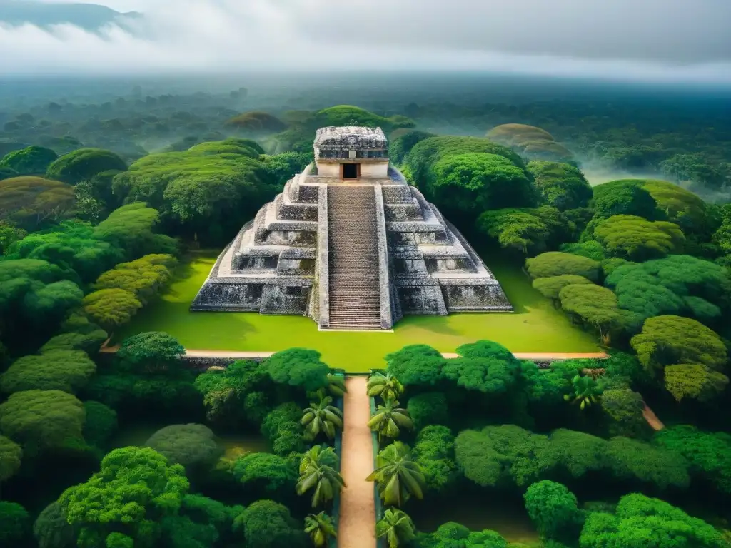 Detallada imagen aérea de sitio arqueológico maya rodeado de vegetación, revelando complejidad en urbanismo