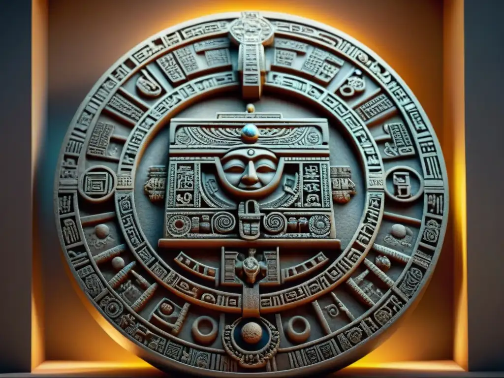 Detallada imagen del calendario maya, resaltando sus símbolos e intrincados grabados