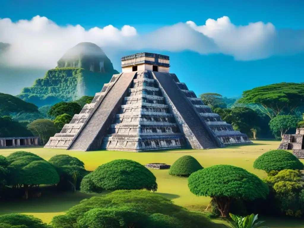 Detallada imagen del Centro ceremonial Kaminaljuyú ciudad, con estructuras de piedra y símbolos mayas, en medio de exuberante vegetación y cielo azul