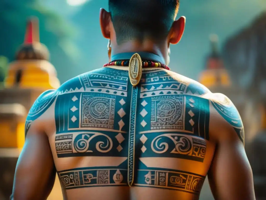 Tatuajes y escarificaciones Mayas: belleza y tradición ancestral Detallada imagen de la espalda de un hombre maya con tatuajes y escarificaciones tradicionales, fusionando belleza y dolor en la cultura maya