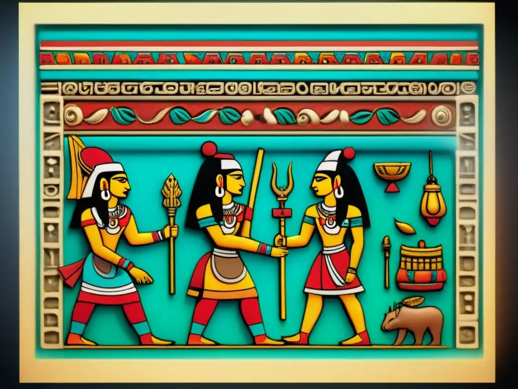 Una detallada imagen de un hermoso códice maya, resaltando sus colores vibrantes y detalles intrincados