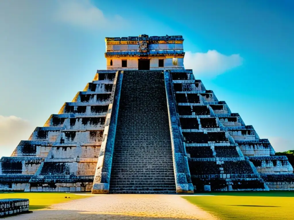 Detallada imagen del imponente Templo de Kukulcán en Chichén Itzá, destacando sus grabados de piedra y juego de luces y sombras