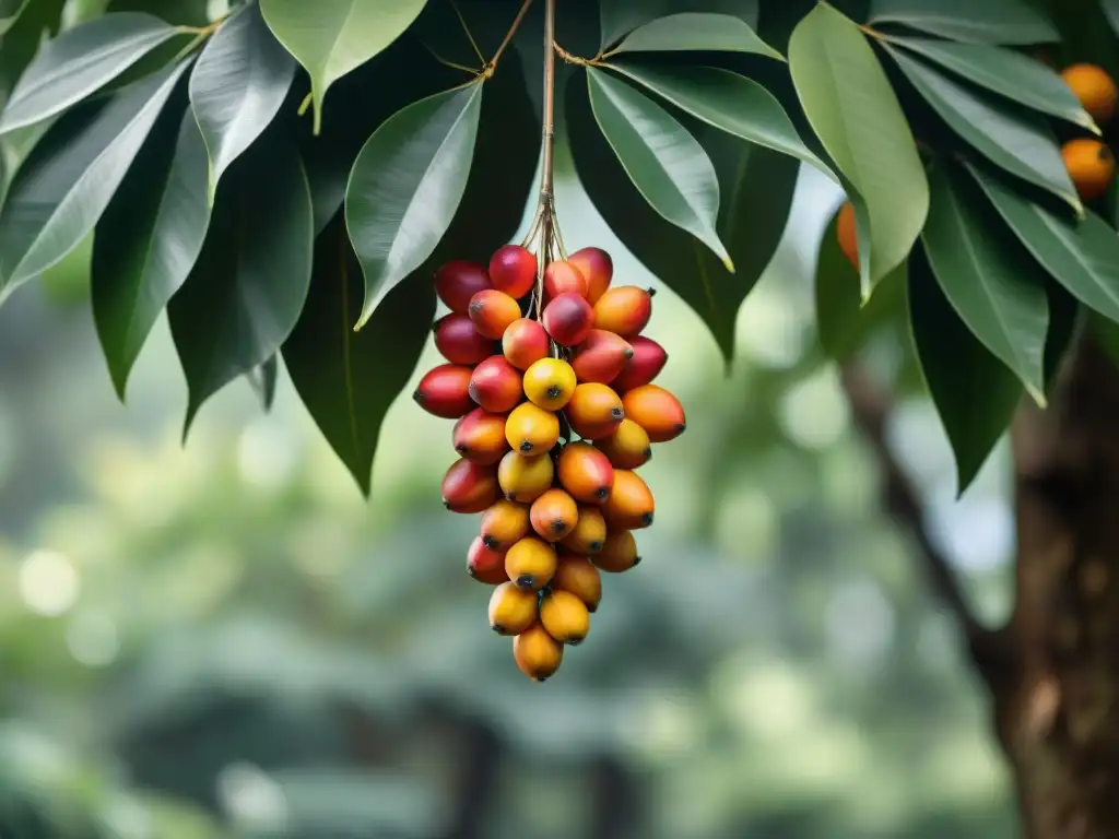 Detallada imagen de un maduro árbol de pan maya sostenible con frutos naranjas en medio de exuberante follaje verde