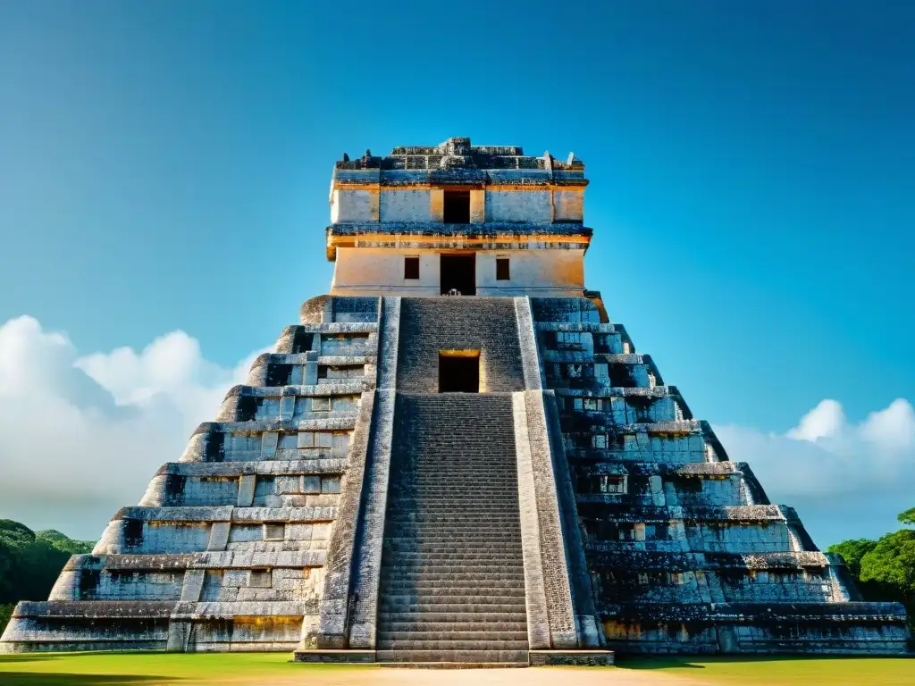 Detallada imagen del observatorio Caracol en Chichén Itzá, destacando la enseñanza de la astronomía maya bajo un cielo azul