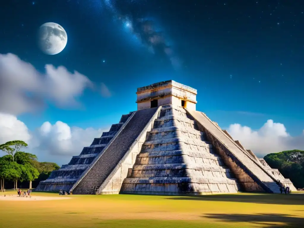 Detallada imagen del observatorio maya en Chichén Itzá, destacando sus grabados en piedra y alineación astronómica