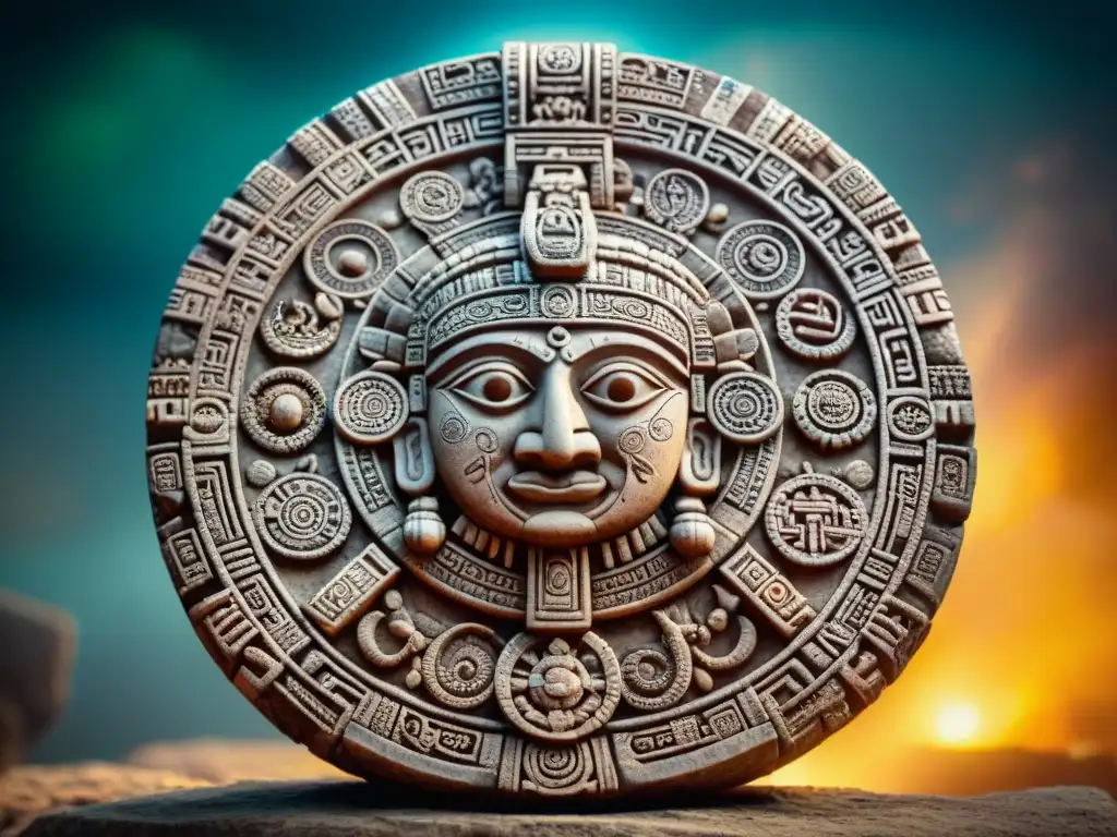 Detallada imagen 8k de la piedra del calendario maya, con símbolos que representan el significado de los ciclos de vida en la filosofía maya