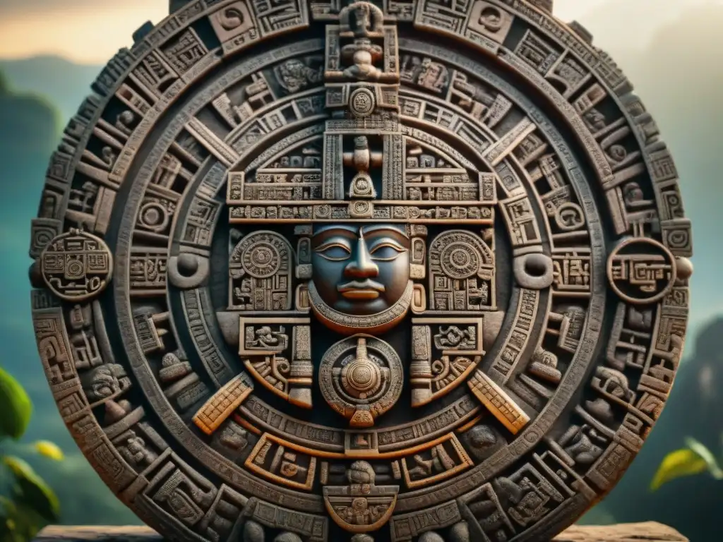 Detallada imagen de la piedra del calendario maya, simbolizando el ciclo del tiempo en la cosmovisión maya