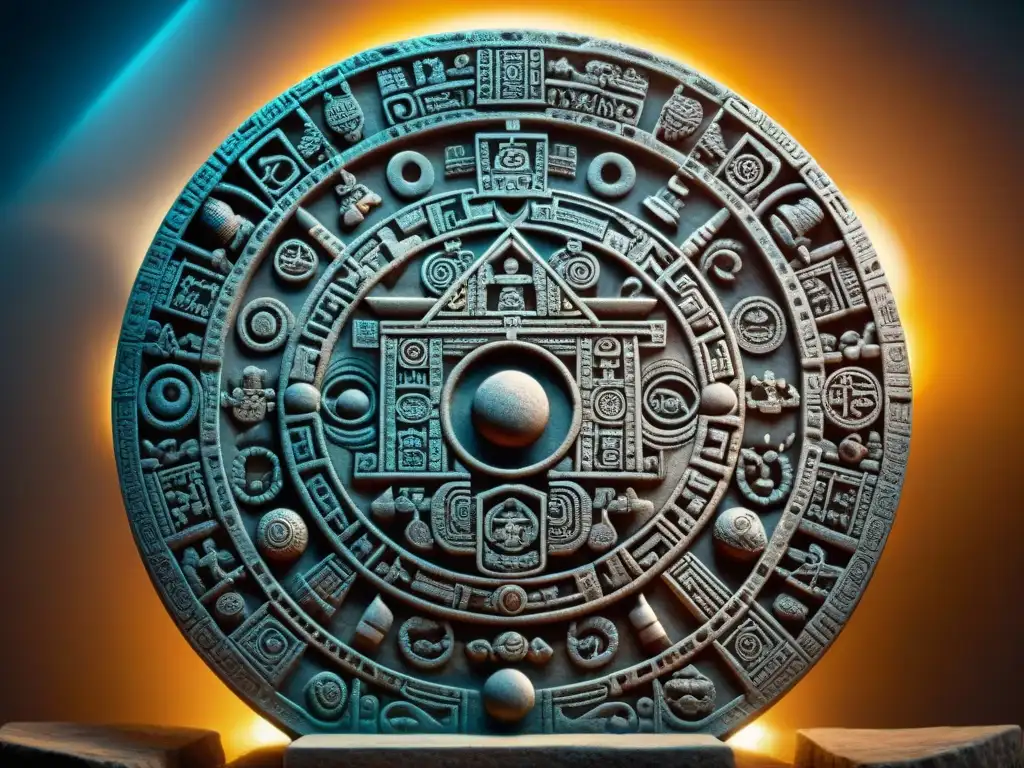 Calendario Maya: Misterio y Sabiduría Ancestral Detallada imagen de una piedra del calendario maya, con intrincados glifos que representan días, meses y eventos celestes como eclipses