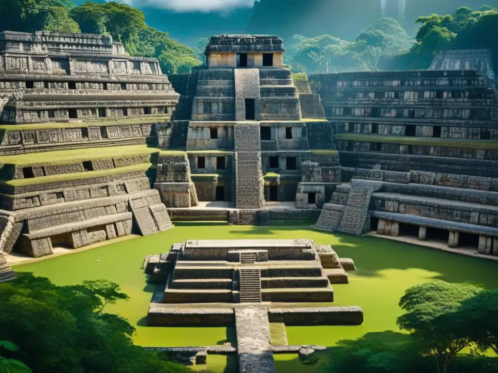 Antiguo sistema de agua Maya: ingeniería ancestral Detallada imagen de sistema de agua maya esculpido en piedra, resaltando la importancia de los sistemas de agua en la arquitectura maya
