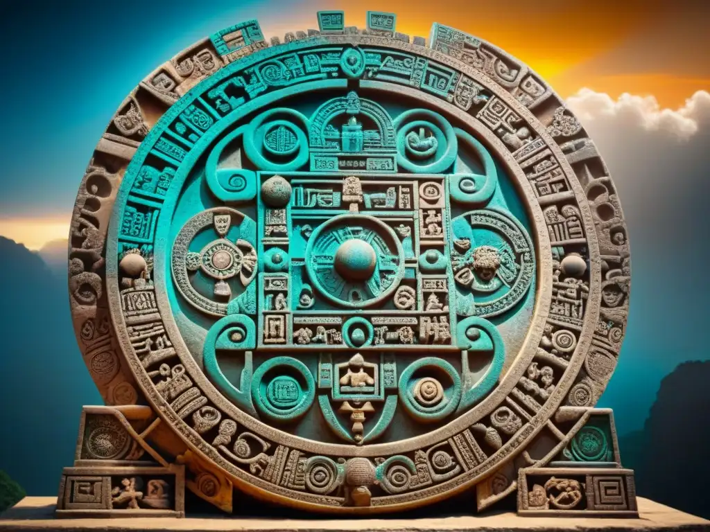 Detallada imagen de tallados en calendario maya, revelando alineaciones astronómicas y símbolos, conectando pasado y Astronomía computacional calendario maya