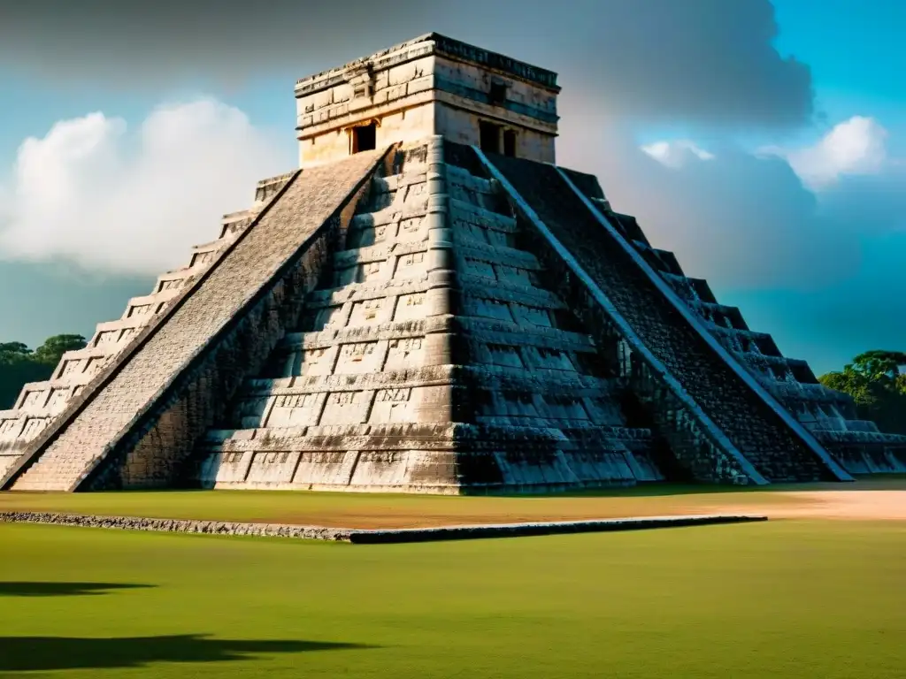 Detallada imagen 8k del Templo de Kukulcán en Chichén Itzá, resaltando la Geometría maya en arquitectura