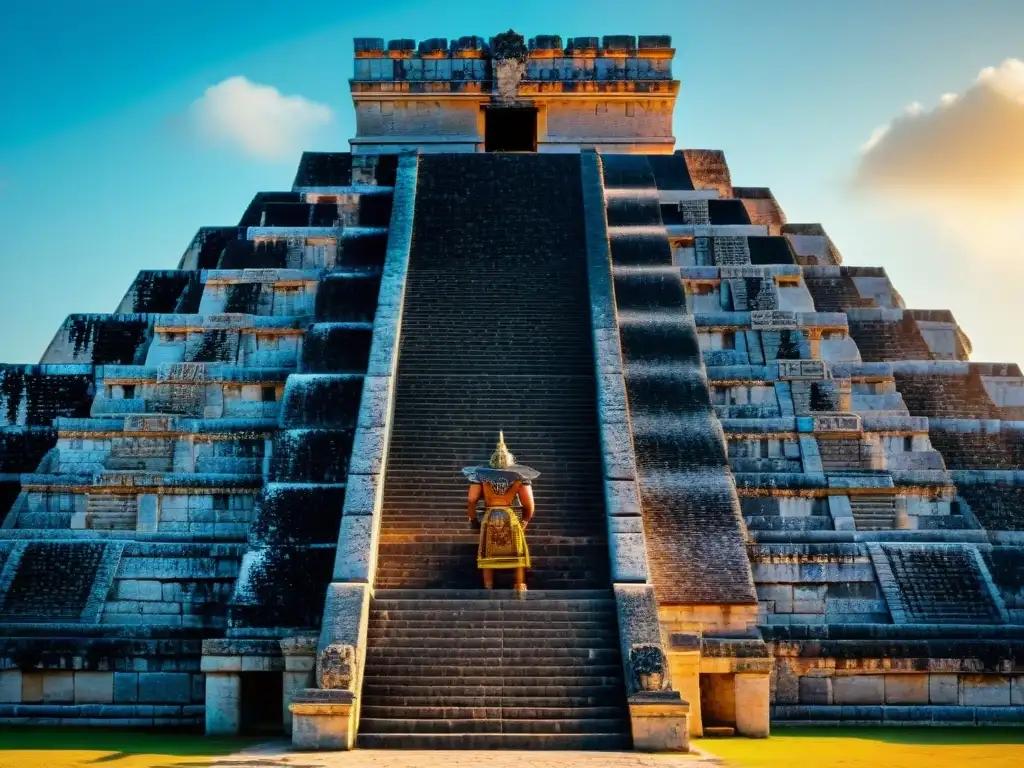 Detallada imagen del Templo de Kukulcán en Chichén Itzá, con sus grabados, escalinata y juego de luces y sombras durante el equinoccio