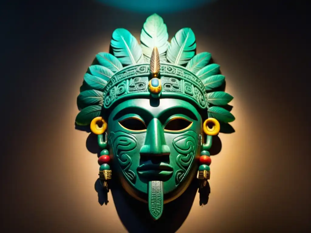 Detallada máscara maya de jade con plumas vibrantes, revelando su significado espiritual en un escenario de museo con sombras dramáticas