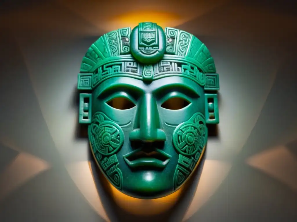 Detallada máscara maya de jade en subastas, reflejando su arte y significado histórico con intensidad y maestría