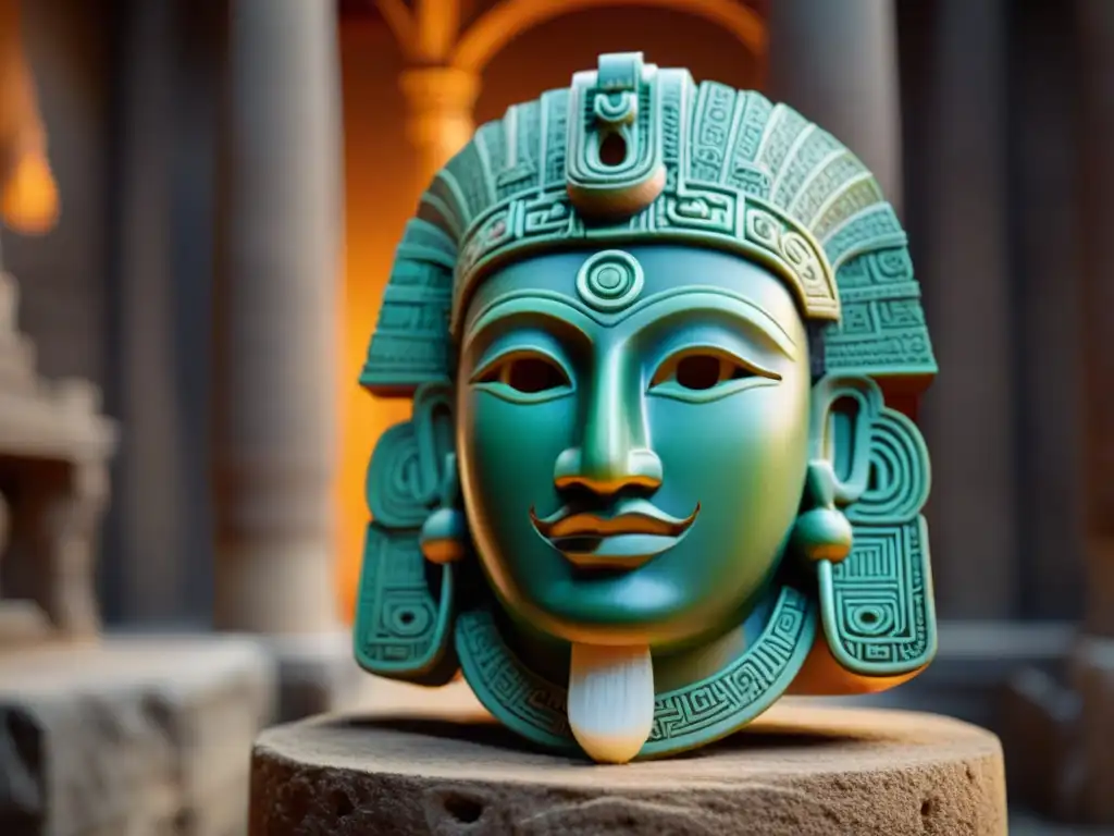 Réplica 3D detallada de máscara maya: fusión histórica y tecnológica Réplica detallada de una máscara maya en 3D, resaltando la conexión entre tecnología y pasado maya