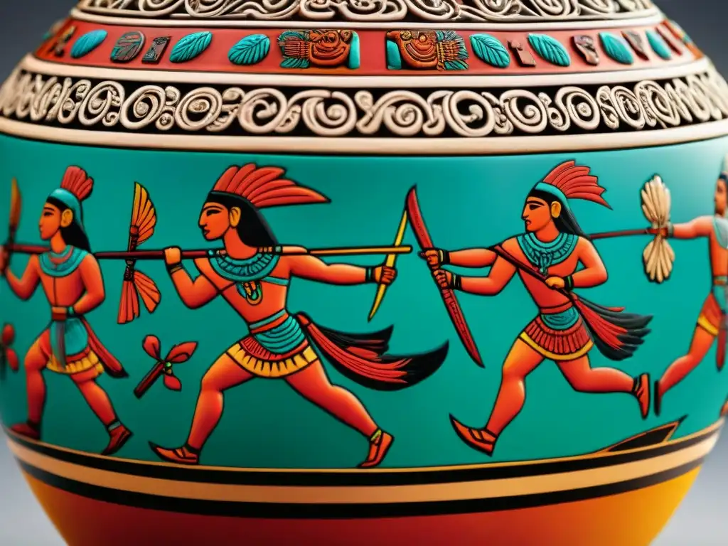 Detallada iconografía masculina en cerámica maya representando guerreros y cazadores en batalla