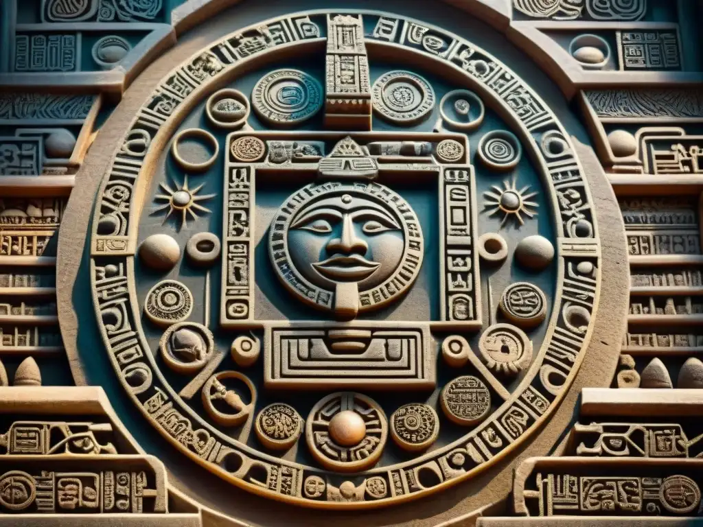 Detallada Cruz cósmica Maya significado en piedra astronómica antigua, con símbolos celestiales tallados y desgaste histórico