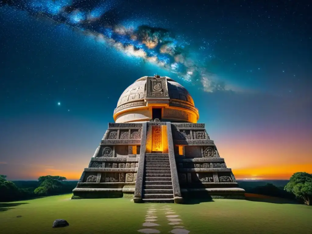 Replica detallada de observatorio astronómico maya con símbolos celestiales y estrellas