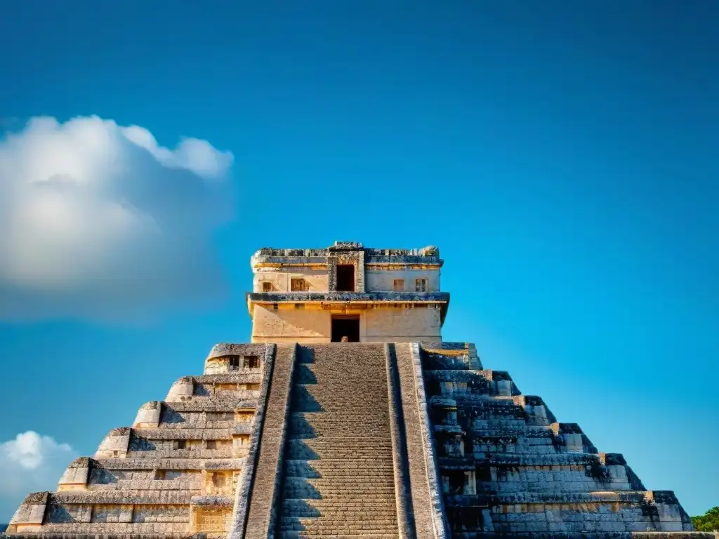 Representación detallada del observatorio maya en Chichén Itzá resaltando su alineación con eventos celestiales