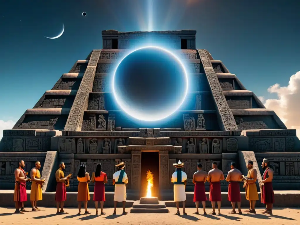 Panel maya de eclipse solar y cometa jaguar: detallado y cautivador Una detallada representación de un panel maya con un eclipse solar y un cometa jaguar en el cielo