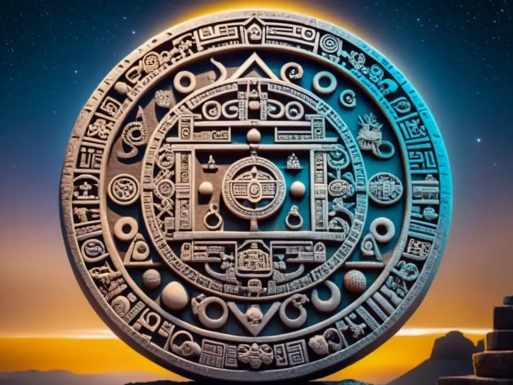 Detallada representación de la piedra del calendario maya, con complejas inscripciones astronómicas y matemáticas