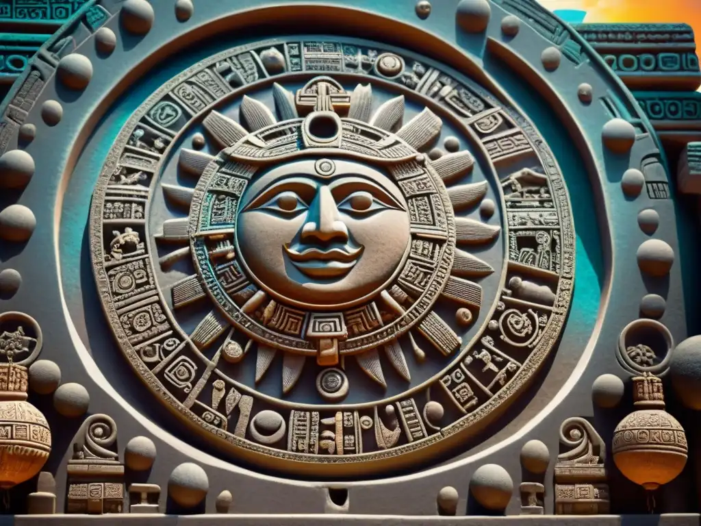 Detallada piedra tallada maya con símbolos astronómicos como sol, luna y estrellas, destacando la influencia de la astronomía en la escritura maya