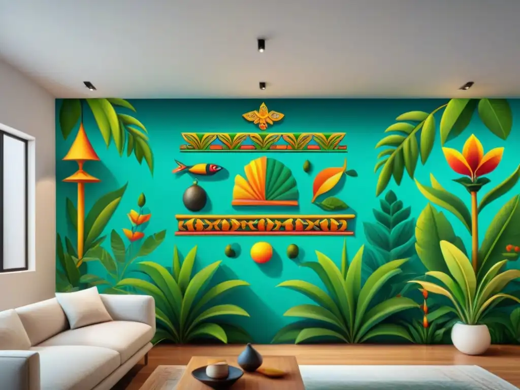 Detallada pintura maya con valores éticos expresados por mayas en escenas de vida diaria y conexión espiritual en vibrantes colores