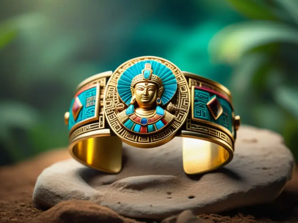 Detallada pulsera maya de oro con símbolos que representan el significado de las pulseras y brazaletes mayas