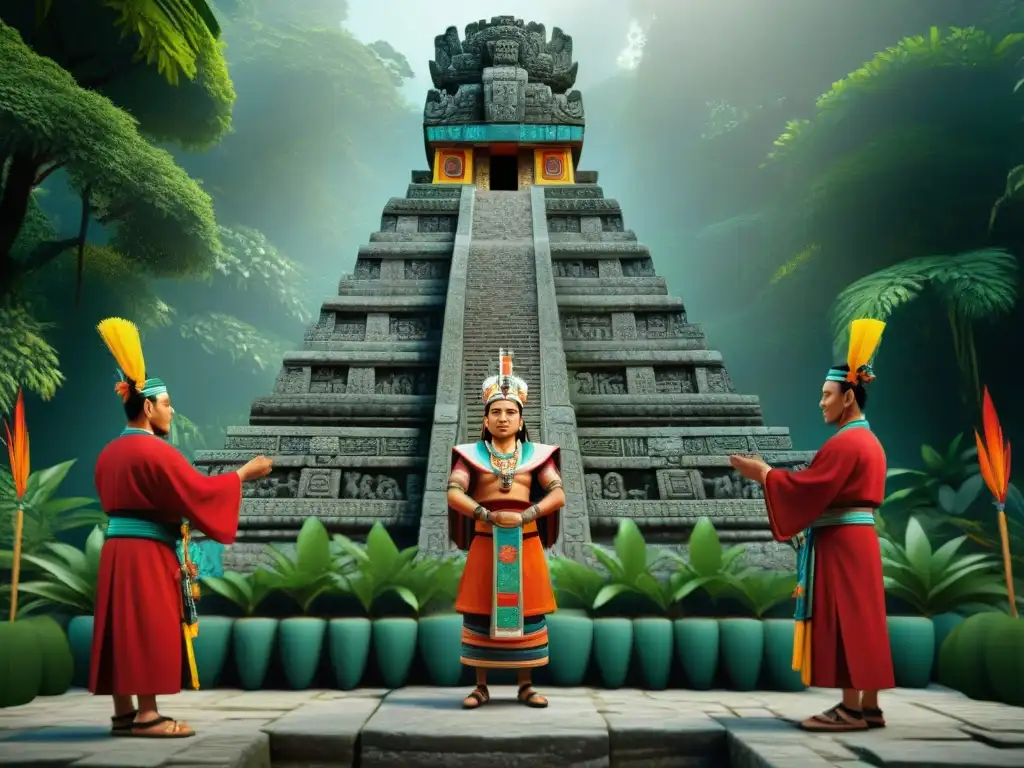 Simulación 3D detallada de rituales mayas con colores vibrantes y vestimenta histórica en templo adornado en la jungla