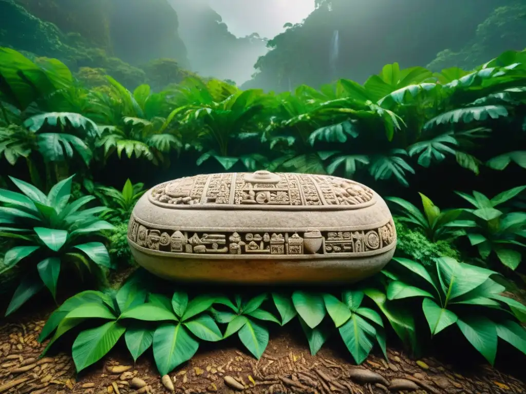 Detallada representación de un sarcófago de piedra maya con jeroglíficos, escenas de la vida después de la muerte y rituales funerarios