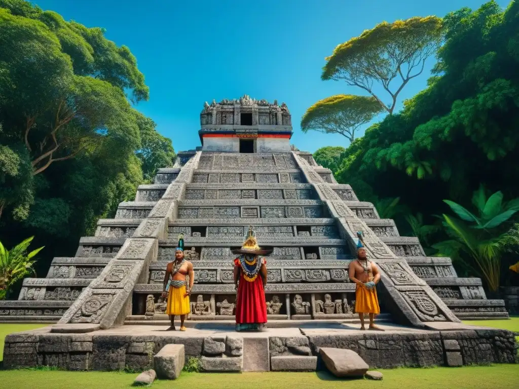 Representación detallada de un sitio ceremonial maya con actuación ritual y símbolos de la vida después de la muerte