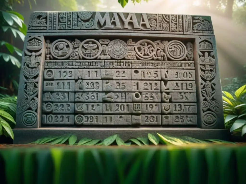 Detallada talla del Calendario maya ciclos largos en piedra, rodeado de selva tropical