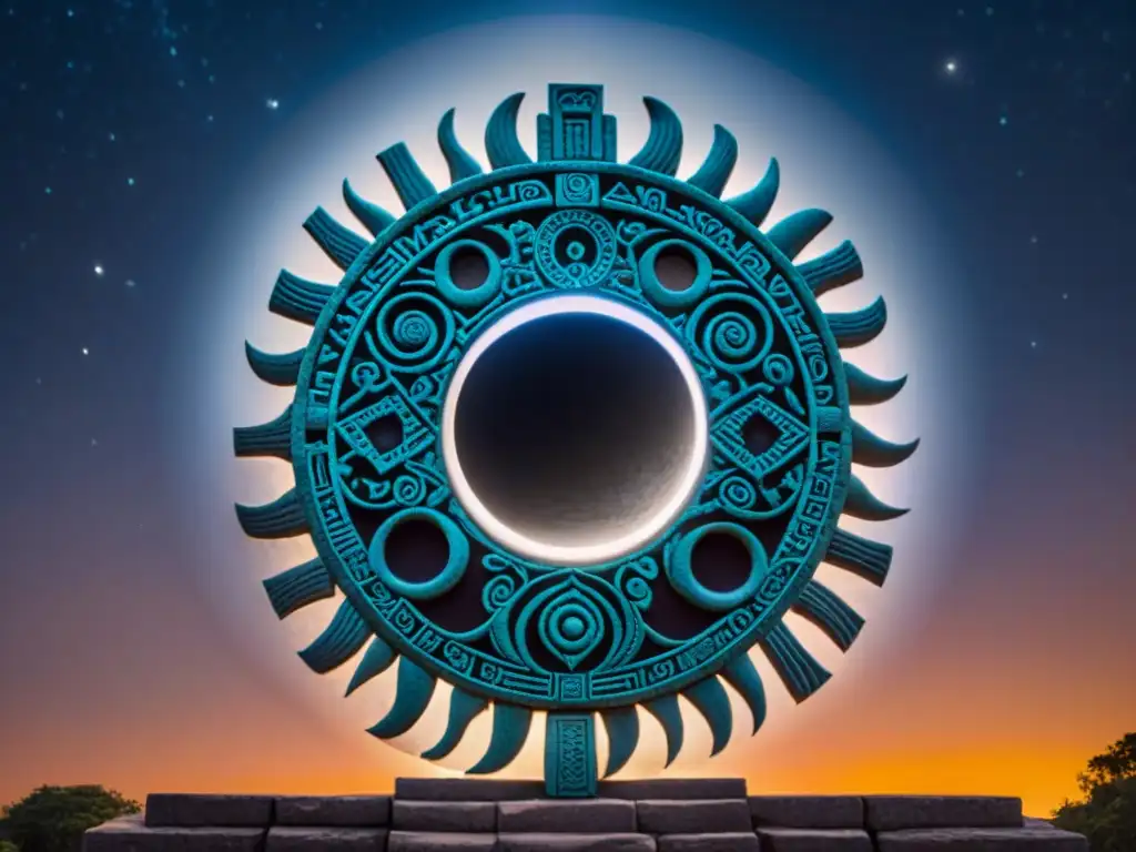 Detallada talla maya de un eclipse solar, resaltando la conexión entre eventos astronómicos clave y la cosmología Maya