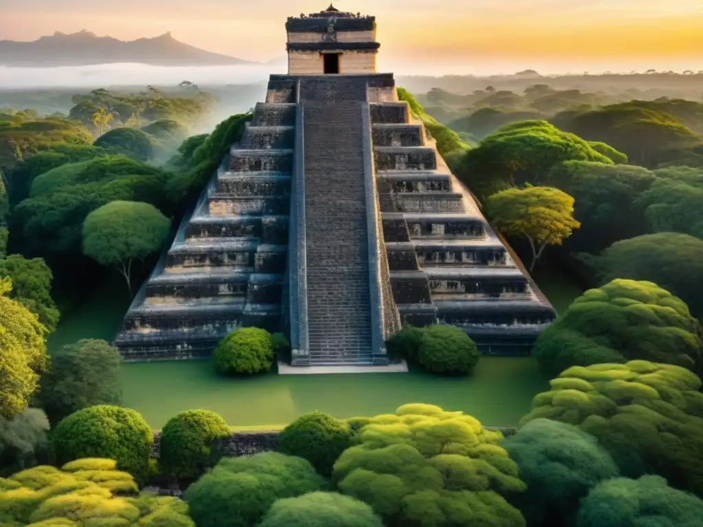 Una detallada talla en piedra muestra aves coloridas en árboles frondosos, frente a una pirámide maya y un atardecer dorado