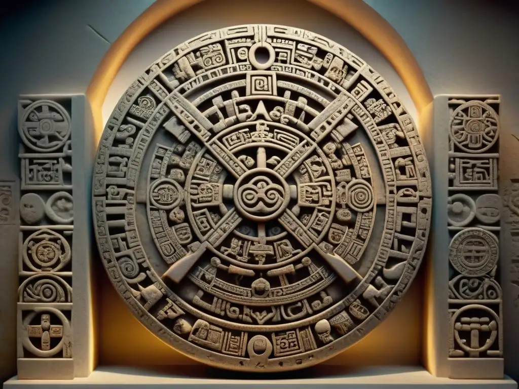 Una detallada talla en piedra del calendario maya entrelazado, resaltando su significado y precisión