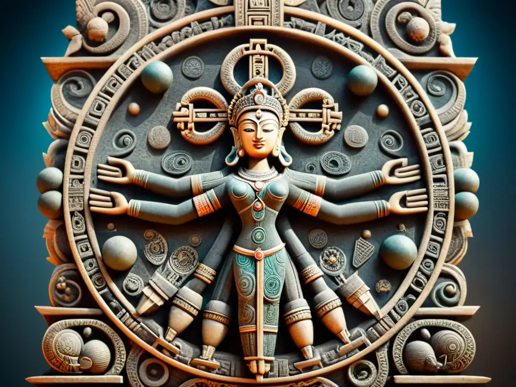 Detallada talla de piedra de la Cruz Cósmica Maya, con símbolos únicos representando los puntos cardinales del universo