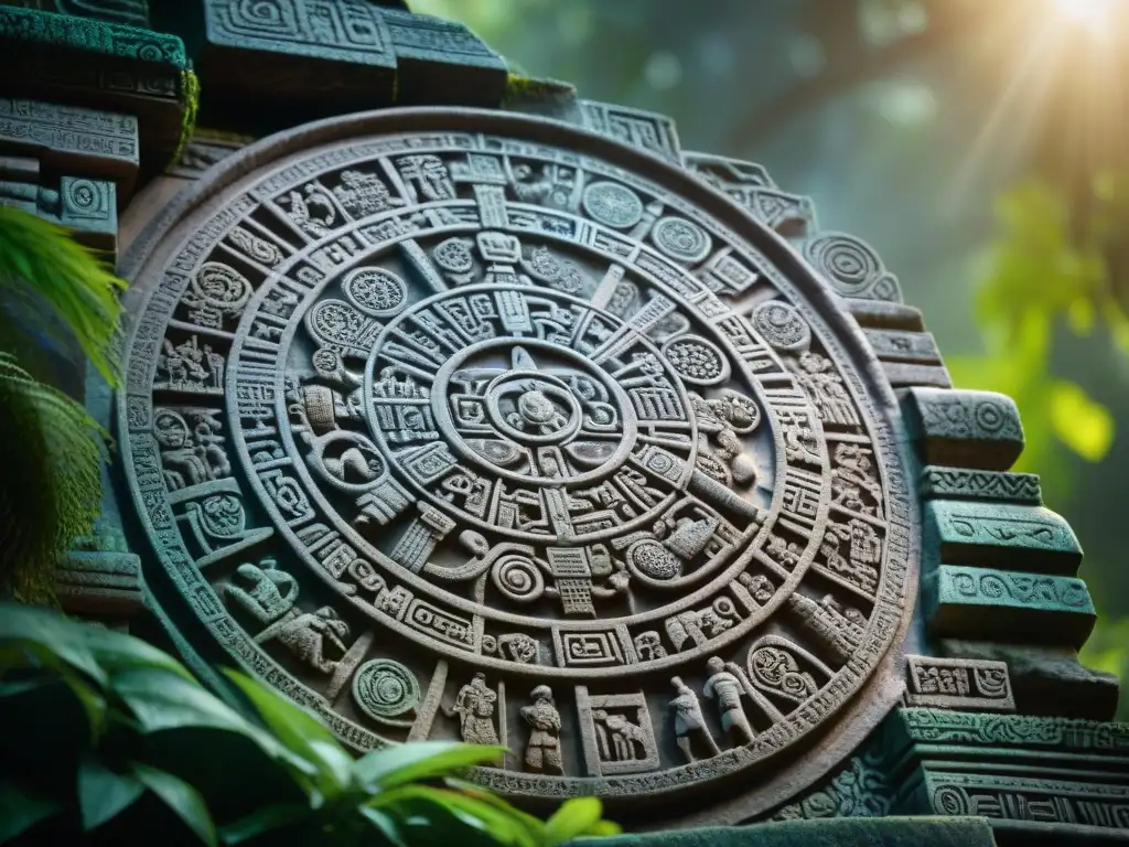 Calendario maya esculpido: detalle celestial y astrológico Detallada talla de piedra maya con símbolos celestiales y climáticos