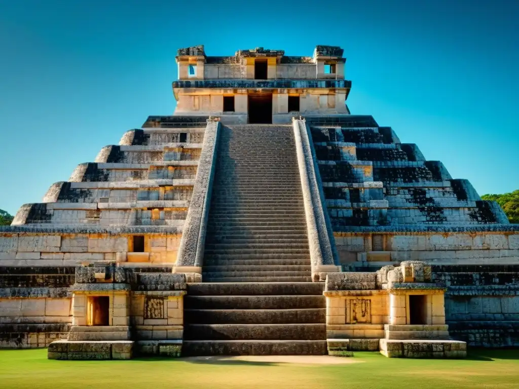 Detallada talla en piedra del observatorio astronómico maya en Chichén Itzá, reflejando su avanzada cosmovisión maya espacio tiempo