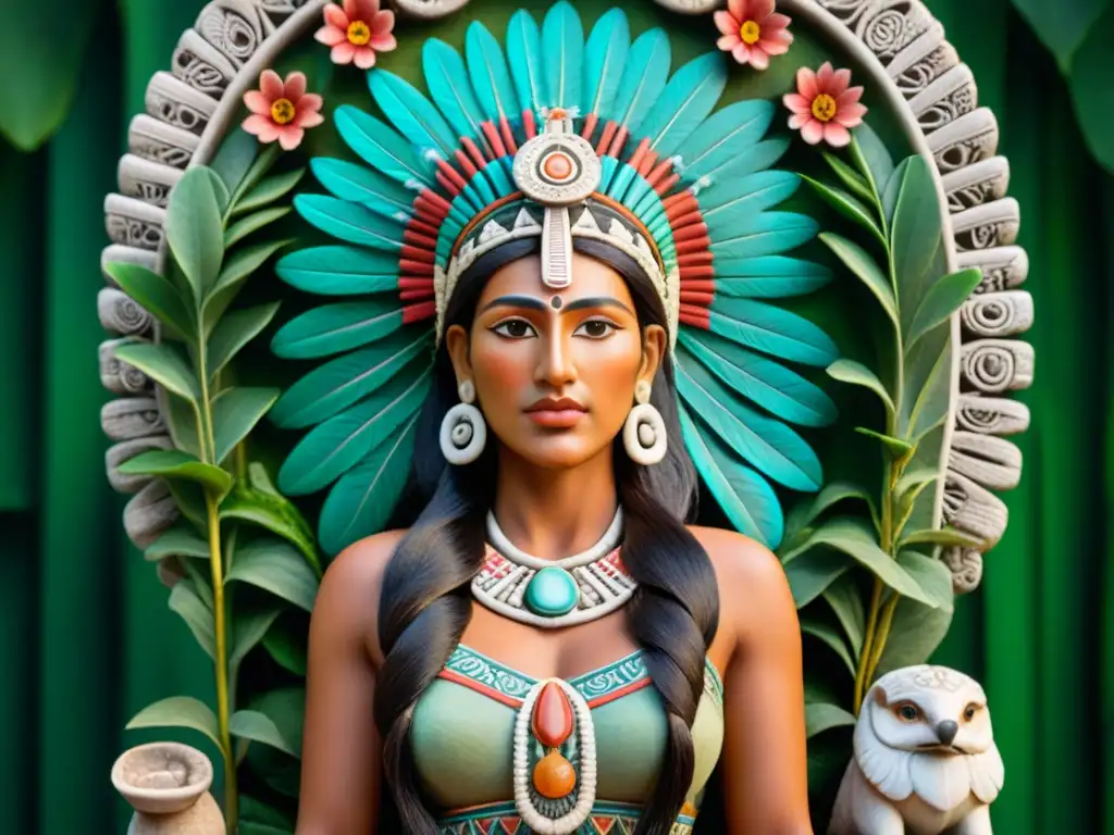 Una detallada talla en relieve de la Diosa maya de la fertilidad y medicina, rodeada de símbolos de la naturaleza y la vida