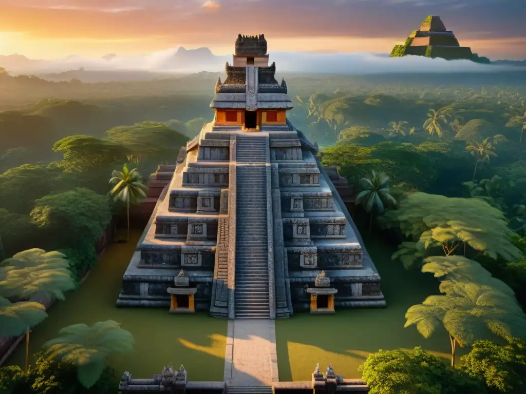 Detallada reconstrucción 3D de un templo maya con tecnología 3D, realismo y diseño arquitectónico en un atardecer de jungla