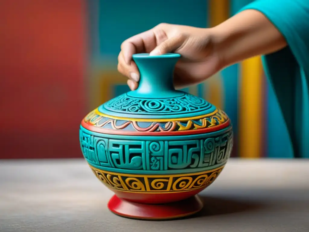 Fotografía detallada de un vaso maya decorado con deidades como Chaac y Ixchel en colores vibrantes