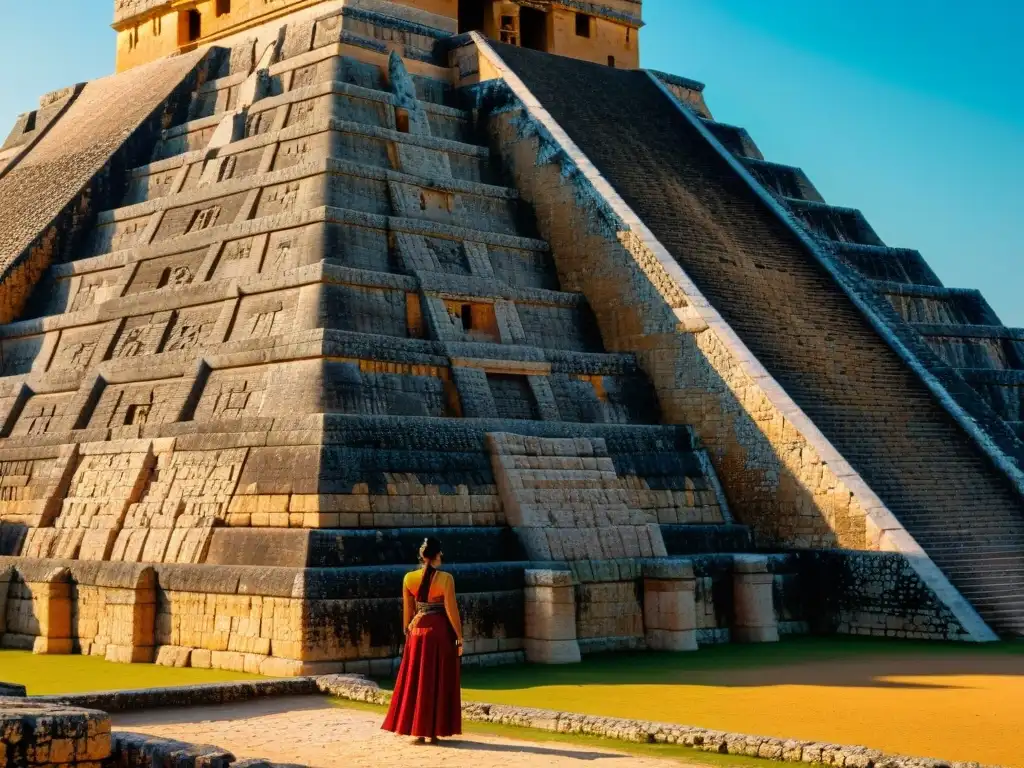 Detalladas tallas de piedra y patrones geométricos en la majestuosa Pirámide del Adivino en Uxmal, con sombras dramáticas al atardecer