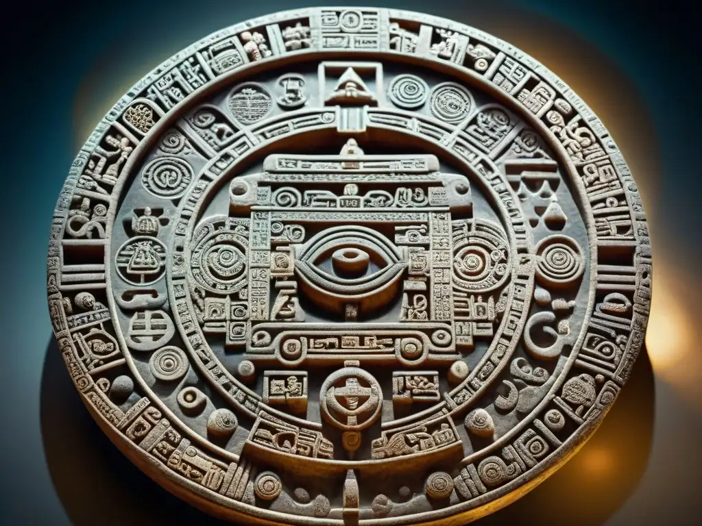 Detallado artefacto maya 'Calendario de Piedra' con símbolos astronómicos, resaltando su antigua artesanía bajo luz suave