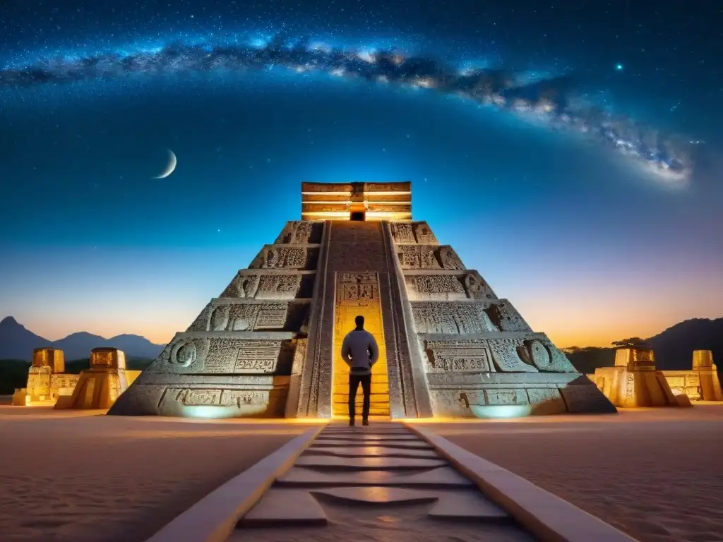 Detallado calendario astronómico maya con símbolos celestiales y jeroglíficos, en una noche estrellada frente a una majestuosa pirámide