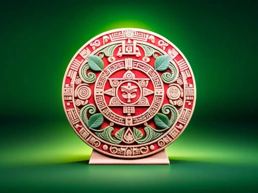 Detallado calendario maya esculpido en piedra, con vibrantes colores que resaltan su significado