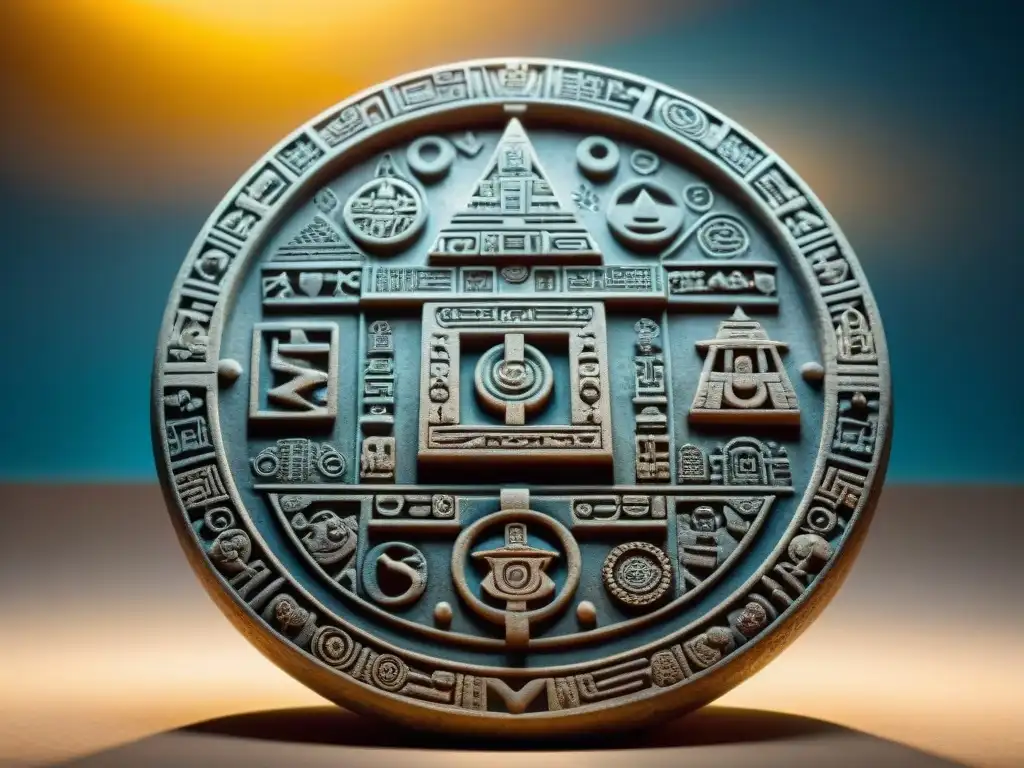 Detallado calendario maya iluminado por el sol, muestra técnica adivinación maya futuro