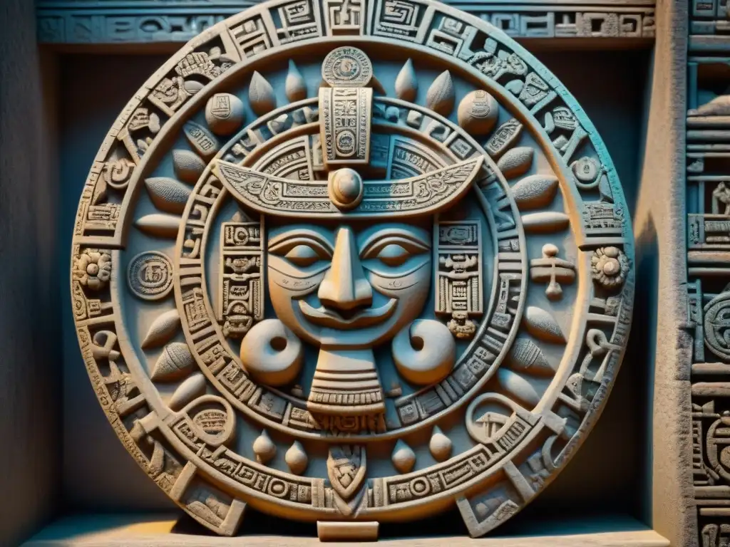 Detallado calendario maya iluminado, muestra intrincados símbolos y números sagrados