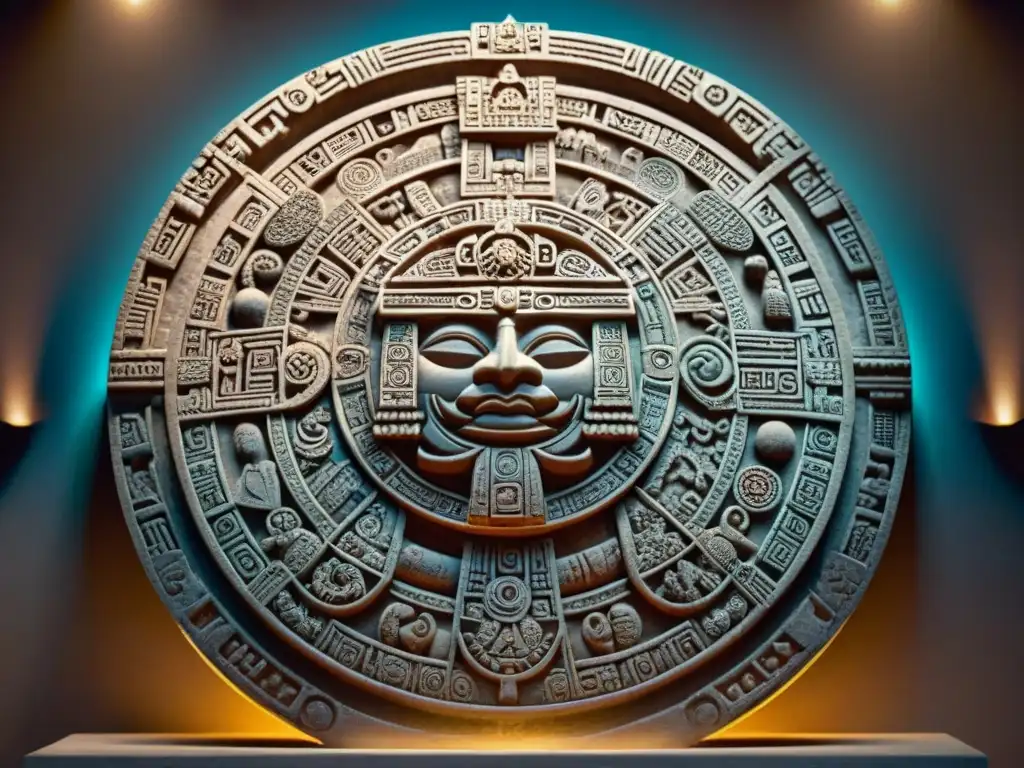 Detallado calendario Maya en piedra, resaltando su precisión astronómica y símbolos celestiales